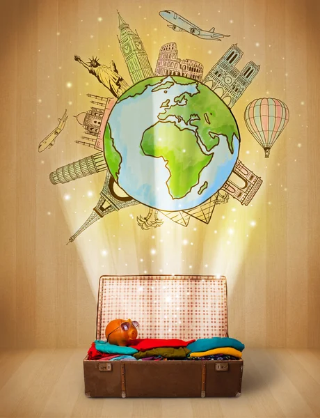 Luggage with travel around the world illustration concept — Stock Photo, Image