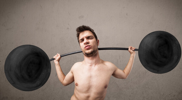 Funny skinny guy lifting weights