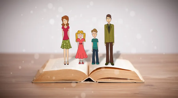 Tekening van een gelukkig gezin op geopend boek — Stockfoto