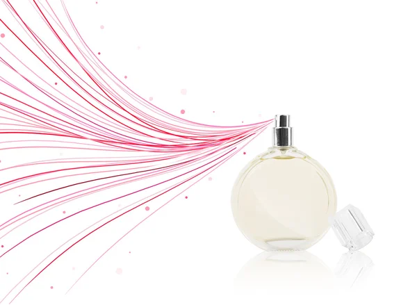 Butelka perfum opryskująca kolorowe linie — Zdjęcie stockowe