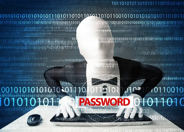 Hacker in morph 3d mask stealing password — Stock Photo, Image