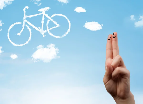 Felice smiley dita guardando un bicicletta shapeed nuvola — Foto Stock