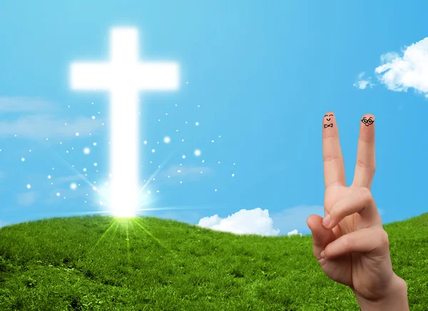 Happy finger smileys with christian religion cross — Stock Photo, Image