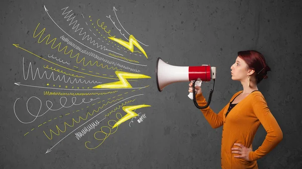 Cute girl shouting into megaphone with hand drawn lines and arro — Stock Photo, Image