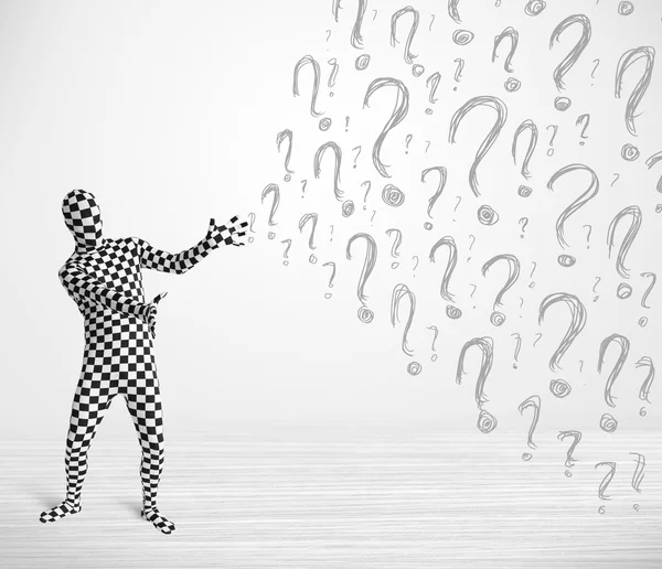 3d human character is body suit looking at hand drawn question m — Stock Photo, Image