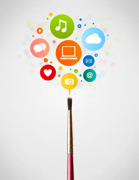 Brush close-up with social network icons — Stock Photo, Image