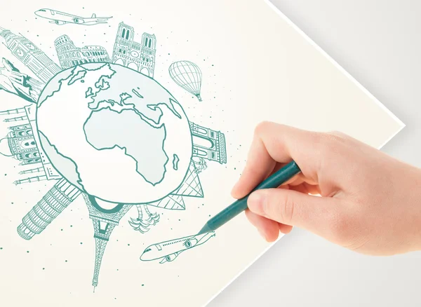 Hand drawing vacation trip around the earth with landmarks and c — Stock Photo, Image