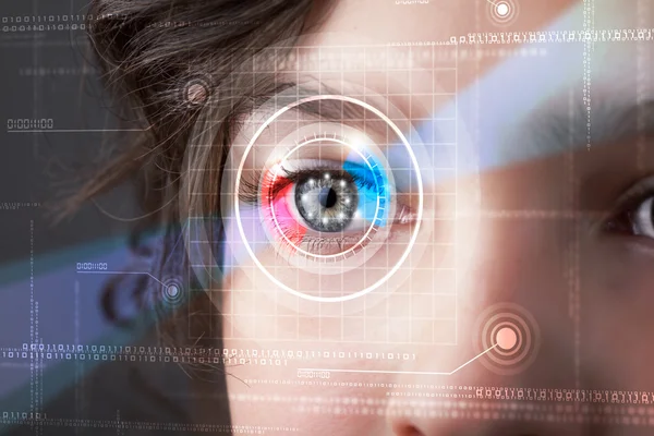 Cyber woman with technolgy eye looking — Stock Photo, Image