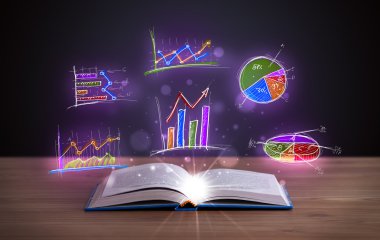 Parlak grafik çizimleriyle ahşap güvertede kitap
