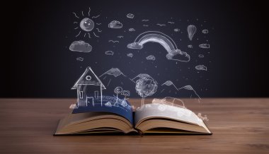 Elle çizilmiş peyzaj ile açık kitap 
