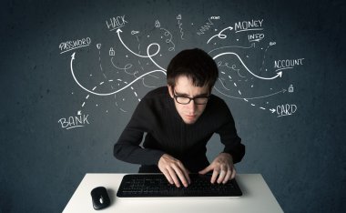 Beyaz çizgili düşünceleri olan genç bir hacker.