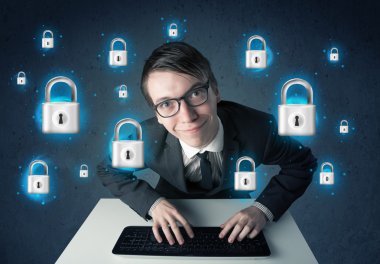 sanal kilit simgeleri ve simge ile genç hacker