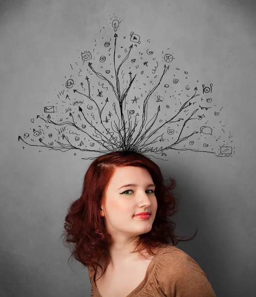 Young woman with tangled lines coming out of her head — Stock Photo, Image