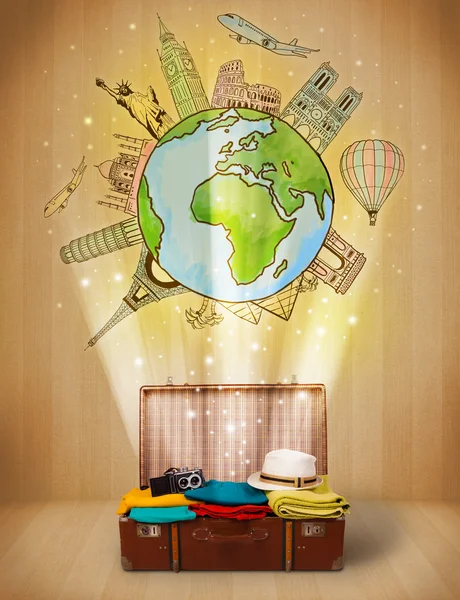 Luggage with travel around the world illustration concept — Stock Photo, Image