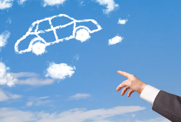 Hand pointing at car cloud on a blue sky — Stock Photo, Image