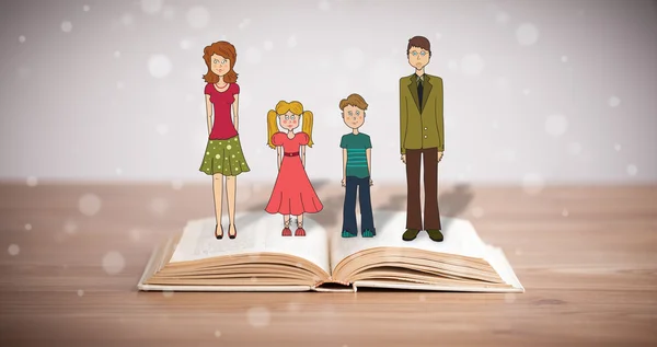 Drawing of a happy family on opened book — Stock Photo, Image