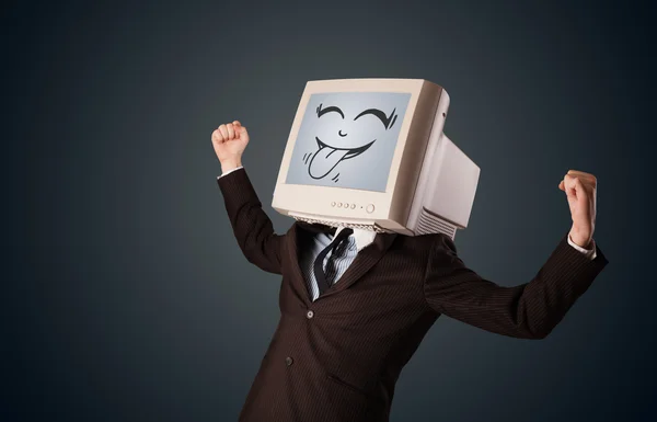 Szczęśliwy biznesmen z monitorem komputerowym i uśmiechniętą twarzą — Zdjęcie stockowe