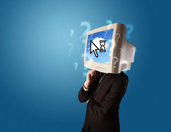 Person with a monitor head and cloud based technology on the scr — Stock Photo, Image