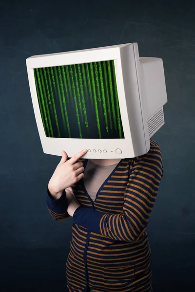 Cyber-Mensch mit Monitorbildschirm und Computercode am Displ — Stockfoto