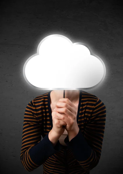 Young woman holding a cloud — Stock Photo, Image