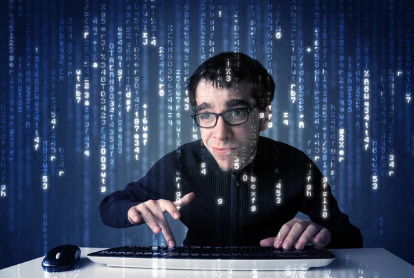 Hacker decoding information from futuristic network technology — Stock Photo, Image