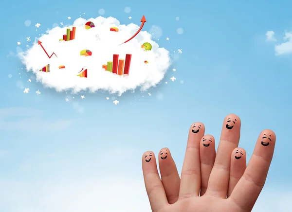 Happy finger smiley with graph cloud icons in the sky — Stock Photo, Image