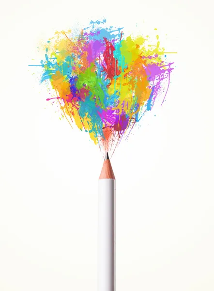 Pencil close-up with colored paint splashes — Stock Photo, Image