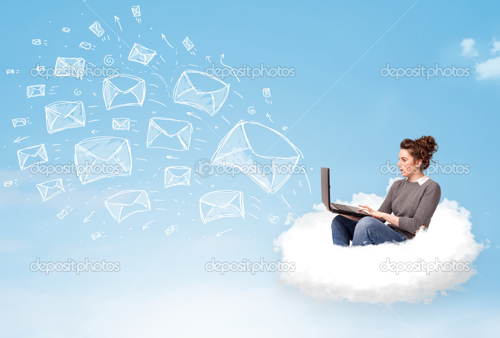 Young woman sitting in cloud with laptop