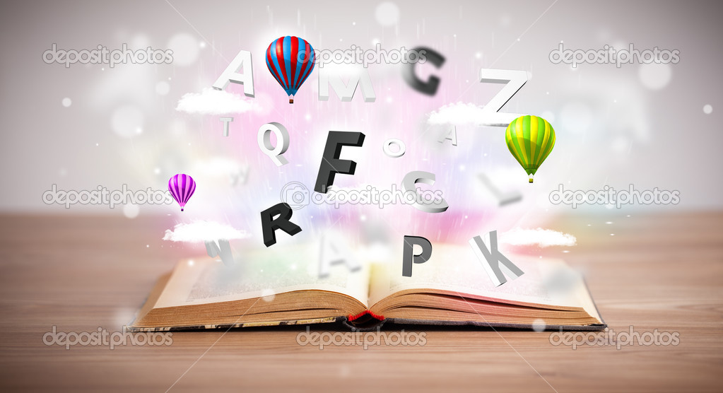 Aufgeschlagenes Buch mit fliegenden 3D-Buchstaben auf Betongrund -  Stockfotografie: lizenzfreie Fotos © ra2studio 49970785