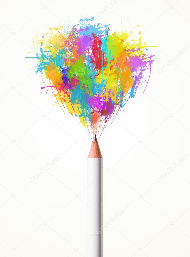 Pencil close-up with colored paint splashes