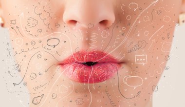 güzel kadın ağzı üfleme elle çizilmiş simgeler ve semboller