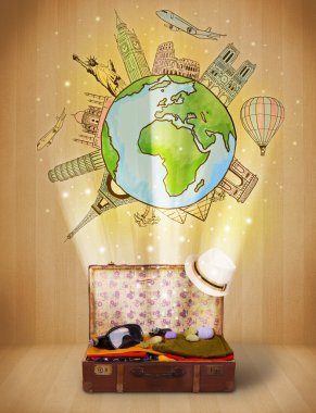 Luggage with travel around the world illustration concept clipart