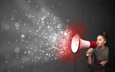 Woman shouting into megaphone and glowing energy particles explo clipart
