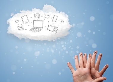 cloud computing teknolojisi ile bakarak mutlu gülen parmak 