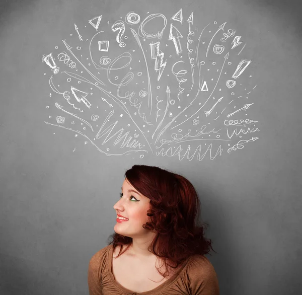 Young woman thinking with sketched arrows above her head — Stock Photo, Image