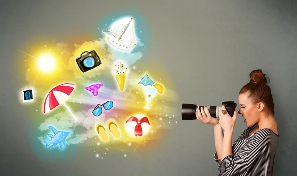 Teenage photographer making photos of holiday painted icons — Stock Photo, Image