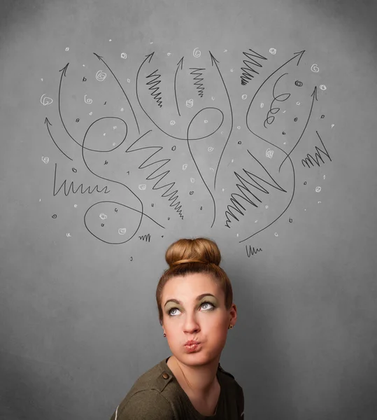 Young woman thinking with arrows over her head — Stock Photo, Image