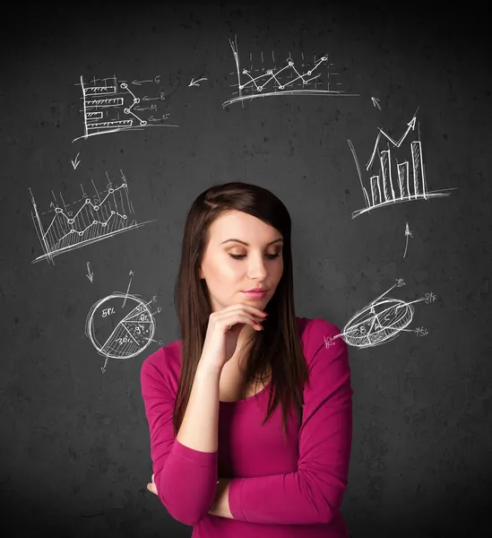 Young woman thinking with charts circulation around her head — Stock Photo, Image