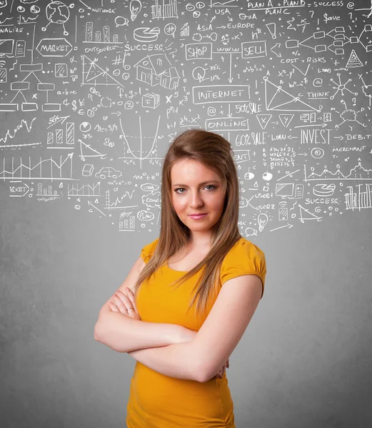 Young pretty lady with hand drawn calculations and icons — Stock Photo, Image