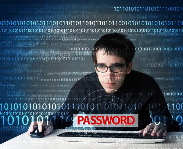 Giovane hacker geek rubare la password — Foto Stock