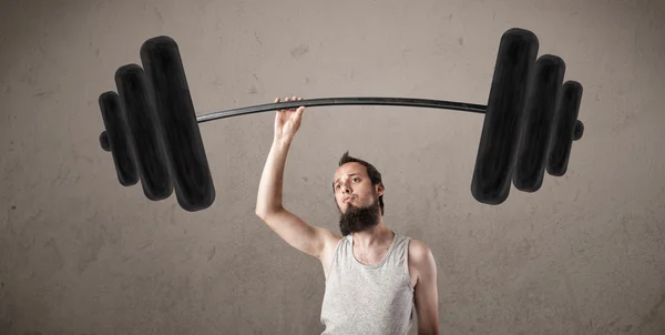 Funny skinny guy lifting weights — Stock Photo, Image