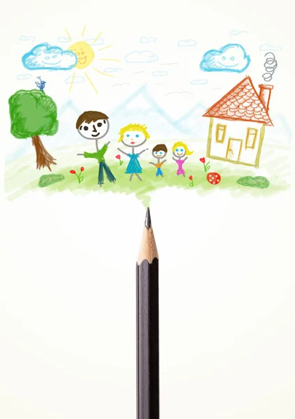 Pencil close-up with a drawing of a family — Stock Photo, Image