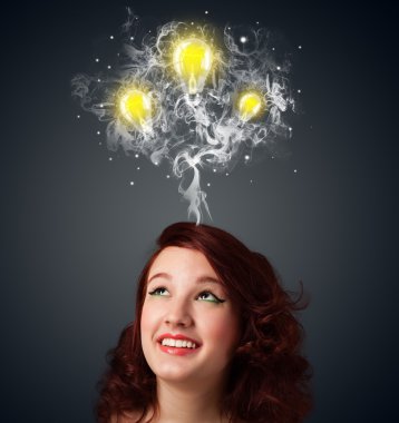 Thoughtful woman with smoke and lightbulbs above her head clipart