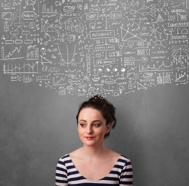 genç kadın başının üstünde kabataslak çizelgeleri ile el hareketi