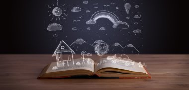 Elle çizilmiş peyzaj ile açık kitap 