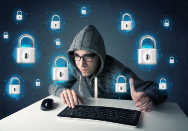 sanal kilit simgeleri ve simge ile genç hacker