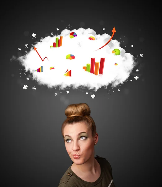 Fiatal nő intett a felhő és a diagramok koncepció — Stock Fotó