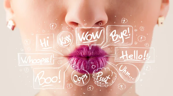 Beautiful red lips with white speech bubbles — Stock Photo, Image