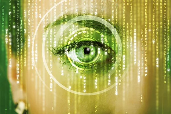 Moderne cyber vrouw met matrix oog — Stockfoto