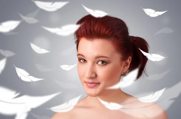 Beautifull young girl with light feather skin concept — Stock Photo, Image